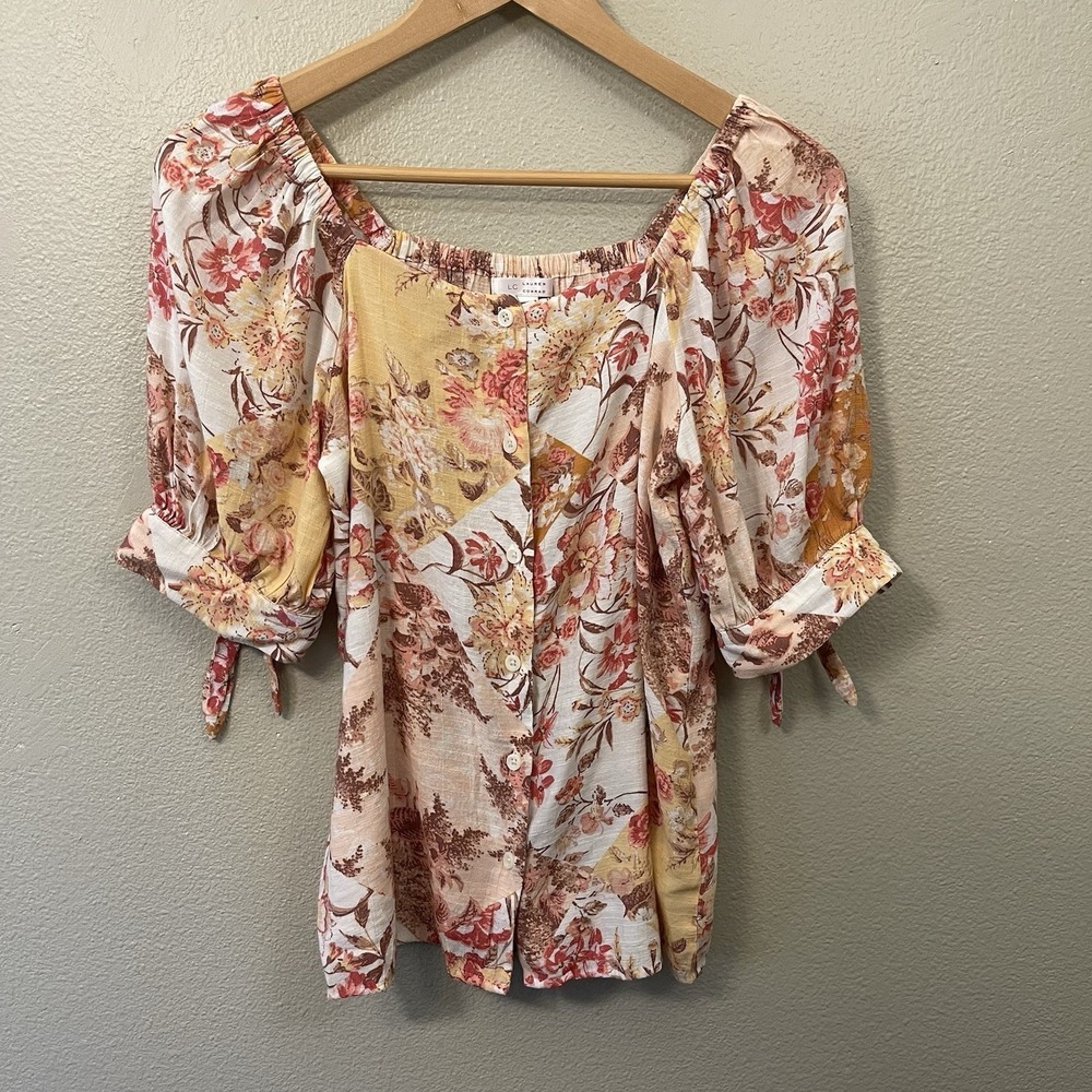 Lauren Conrad Romantic Floral Top Button Up Bow Tie Puff Sleeves Flowy Sz XS